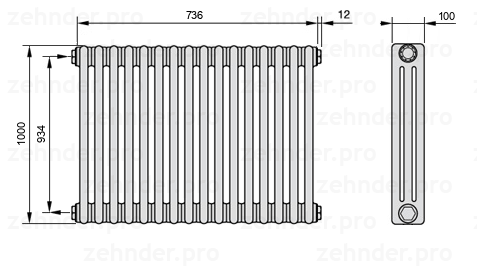 Схема (чертеж) Радиатор Zehnder Charleston 3100/16 №1270 Белый глянцевый RAL 9016